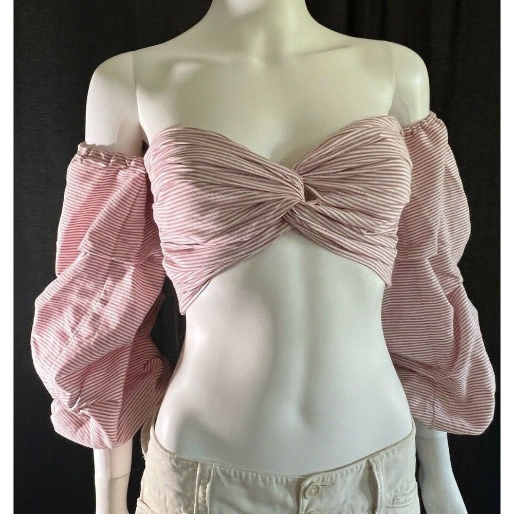 Women's Blouse Top Crop Puff Sleeve Adjustable Pink Full Zip Size S